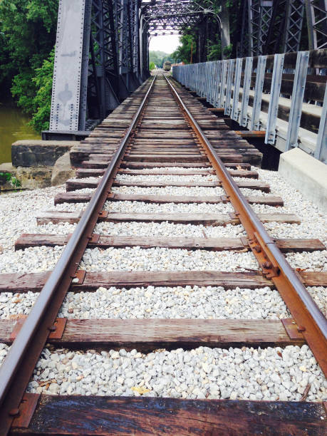 istock Railroad tracks disappear beyond bridge 827191388