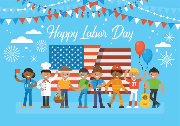 Happy Labor Day banner design Happy Labor Day banner design with group of diverse workers and american flag. Vector illustration pics of the firefighter free stock illustrations