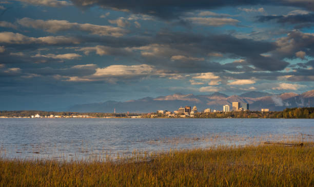 Anchorage, Alaska at sunset Anchorage - Alaska, Alaska - US State, Urban Skyline, Cityscape, City chugach national forest photos stock pictures, royalty-free photos & images