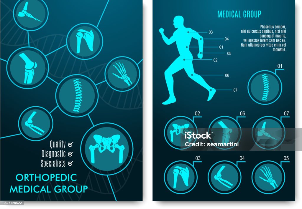 Medical infographic with orthopedic anatomy charts Medical infographic with orthopedic anatomy charts. Human silhouette in motion with marked spine, pelvis, knee, foot, shoulder, elbow, hand bones and joints. Orthopedics medical group design Orthopedics stock vector