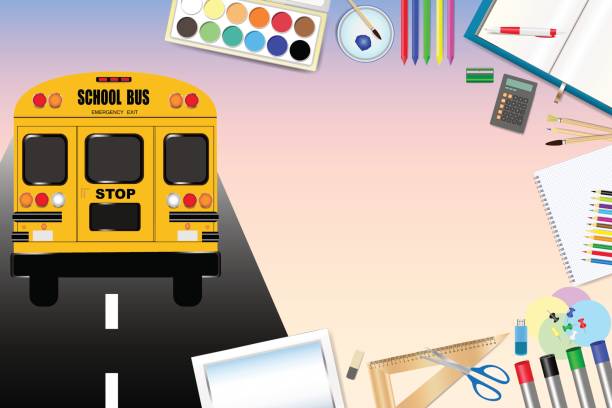 istock School bus on the road and school equipment 827205458