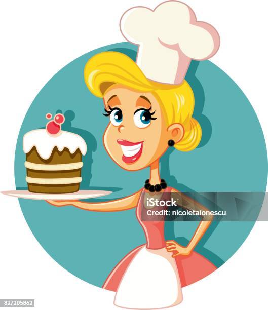 Female Pastry Chef Baking A Cake Vector Illustration Stock Illustration - Download Image Now