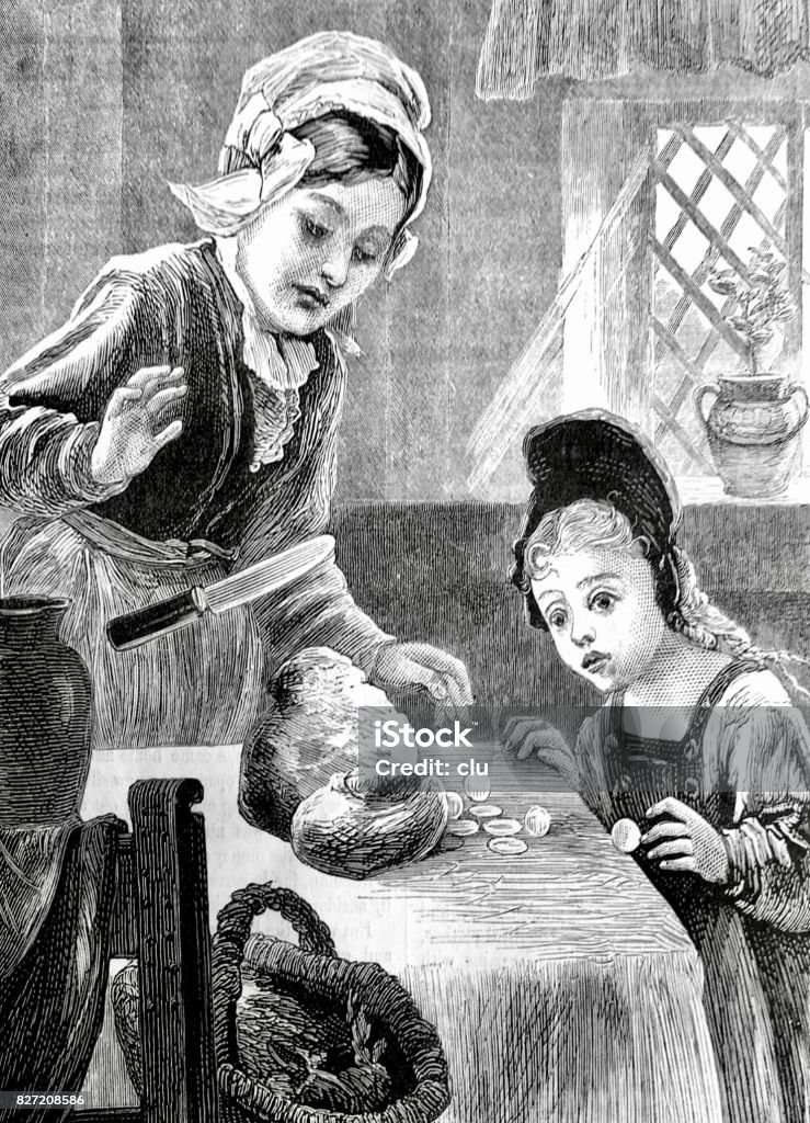Maid and girl sitting at kitchen table, looking at the loaf Illustration from 19th century 16th Century stock illustration