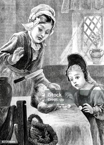 Maid And Girl Sitting At Kitchen Table Looking At The Loaf Stock Illustration - Download Image Now