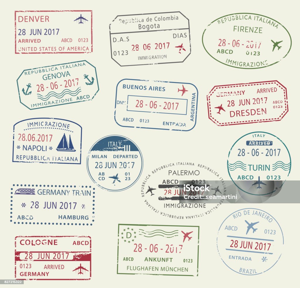 Visa passport stamp symbol set for travel design Visa passport stamp symbol set. International travel visa stamp of Italy, Germany, USA, Brazil and Colombia. Tourism, visa application, arrival document, vacation journey planning and traveling design Passport Stamp stock vector