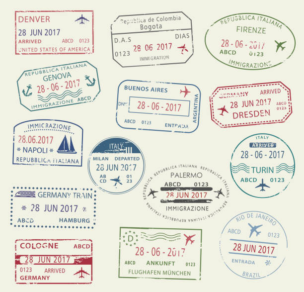 Visa passport stamp symbol set for travel design Visa passport stamp symbol set. International travel visa stamp of Italy, Germany, USA, Brazil and Colombia. Tourism, visa application, arrival document, vacation journey planning and traveling design airport borders stock illustrations