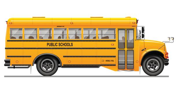 Yellow classic school bus. Side view. American education. Three-dimensional image with carefully traced details. Yellow classic school bus. Side view. American education. Three-dimensional image with carefully traced details. White background. school buses stock illustrations