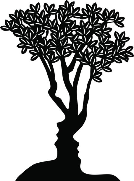 illustrazioni stock, clip art, cartoni animati e icone di tendenza di tree faces optical illusion concept - origins oak tree growth plant