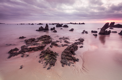Morning Low tide. Sunrise sand beach near the Noja town, Cantabria, Northern Spain