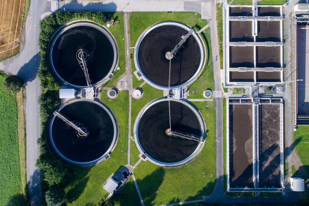 istock Sewage treatment plant - waste water purification, aerial view 827231904