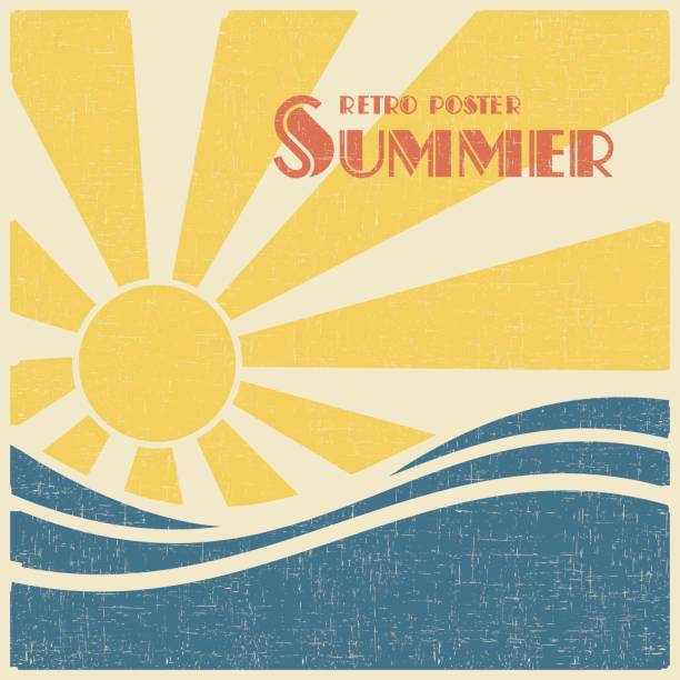 Summer retro poster Sun and sea, summer retro poster. Vector illustration vintage style. breaking wave stock illustrations