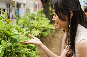 植物を見て若い女性