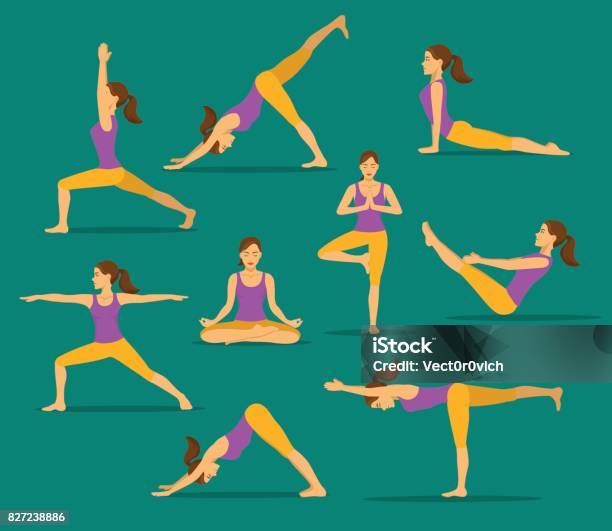 Yoga Workout Woman In Tree Lotus Boat Upwards And Downwards Facing Dog Pose Warrior One Two Three Asanas Stock Illustration - Download Image Now