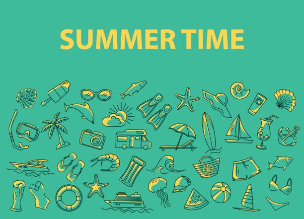 ilustraciones, imágenes clip art, dibujos animados e iconos de stock de fondo de objetos de línea de playa de verano - shrimp cocktail