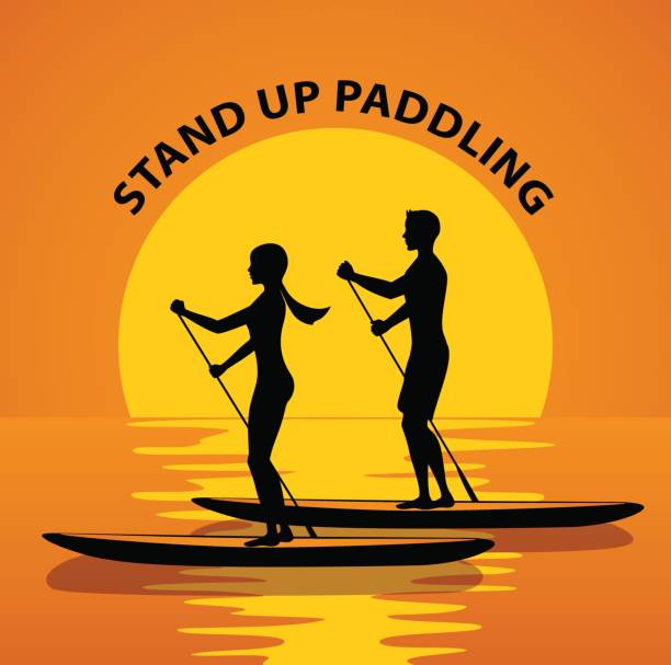 Couple,Man and woman do stand up paddling on water at sunset silhouette. Couple,Man and woman do stand up paddling on water at sunset silhouette. river swimming women water stock illustrations