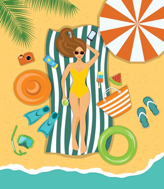 ilustraciones, imágenes clip art, dibujos animados e iconos de stock de mujer tomando el sol en una playa bajo las palmeras tropicales con accesorios para playa - swimwear bikini swimming pool red