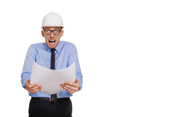 istock Architect engineer is horrified by the blueprint. Emotion concept. Isolated on white 827239204