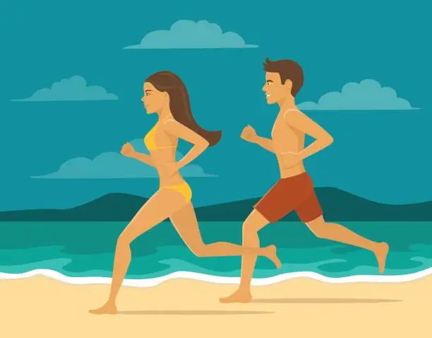 Vector illustration of Man and woman, couple running jogging on the beach.