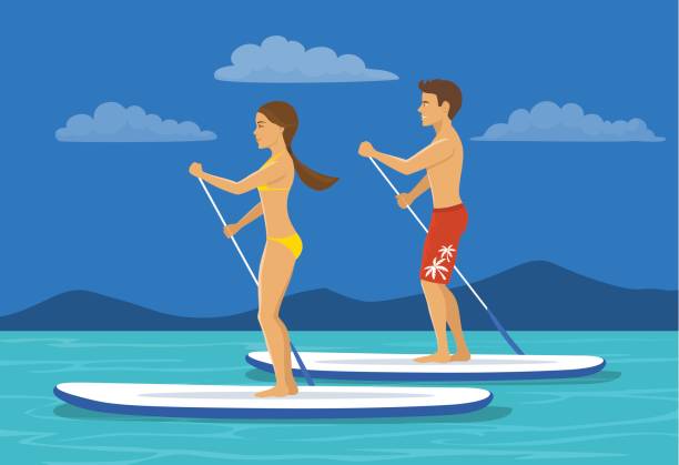 ilustrações de stock, clip art, desenhos animados e ícones de couple, man and woman do stand up paddling on sea - lifestyle sports and fitness travel locations water