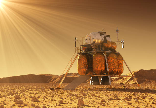 módulo de descenso de estación interplanetaria en los rayos del sol marciano - interplanetary fotografías e imágenes de stock