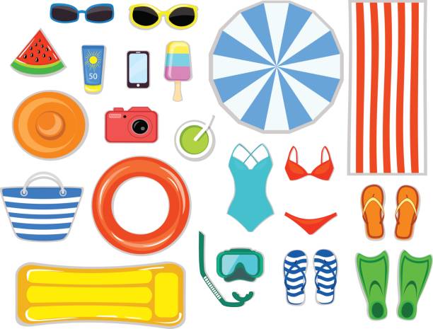 ilustraciones, imágenes clip art, dibujos animados e iconos de stock de accesorios de playa top ilustración de vector de vista plana laicos. - swimwear bikini swimming pool red