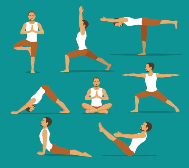yoga workout. man in tree, lotus, boat,upwards and downwards facing dog pose, warrior one, two, three asanas yoga workout. man in tree, lotus, boat,upwards and downwards facing dog pose, warrior one, two, three asanas warrior 2 stock illustrations