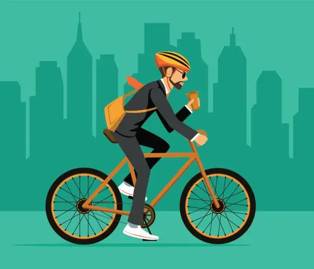 Vector illustration of Cool Man Businessman riding bicycle to office. Eco friendly trendy city bike to work
