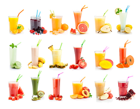 Front view of multi colored fruit juices and smoothie glasses collection shot on white background. XXL File. DSRL studio photos taken with Canon EOS 5D Mk II and Canon EF 100mm f/2.8L Macro IS USM