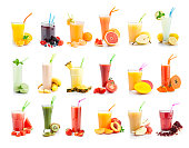 Fruit juice and smoothie glasses collection isolated on white background