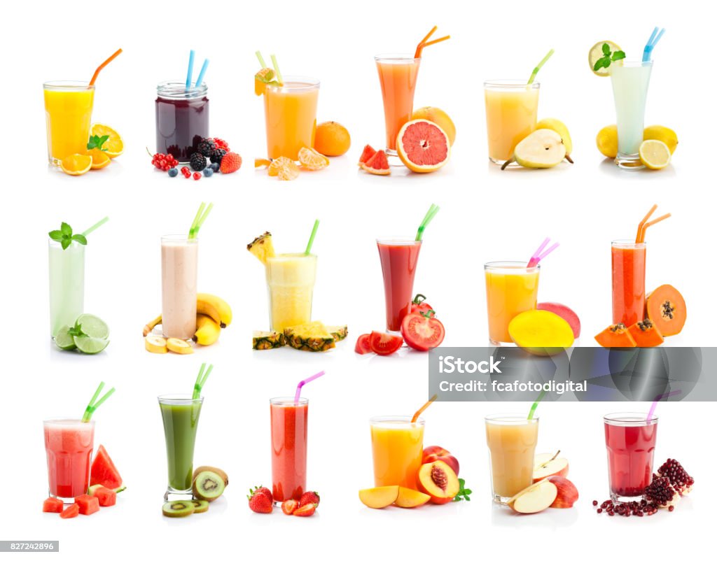 Fruit juice and smoothie glasses collection isolated on white background Front view of multi colored fruit juices and smoothie glasses collection shot on white background. XXL File. DSRL studio photos taken with Canon EOS 5D Mk II and Canon EF 100mm f/2.8L Macro IS USM Smoothie Stock Photo