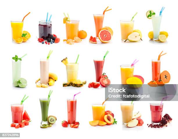 Fruit Juice And Smoothie Glasses Collection Isolated On White Background Stock Photo - Download Image Now