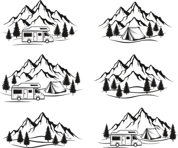 kemping z przyczepą kempingową, namiot, góry skaliste, las sosnowy - outline hiking woods forest stock illustrations