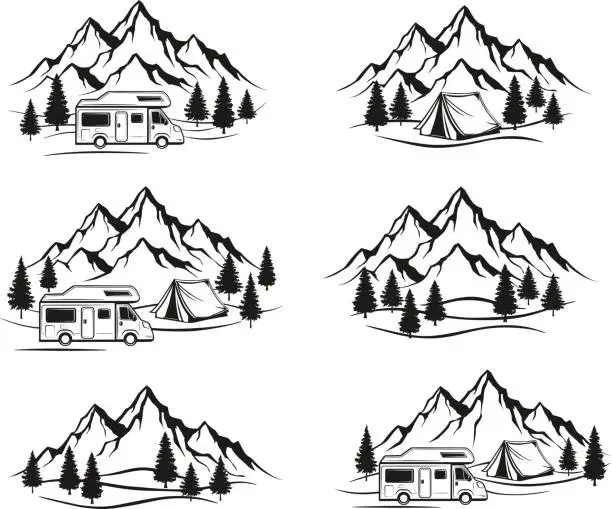 Vector illustration of Campsite with camper caravan,  tent, rocky mountains, pine forest