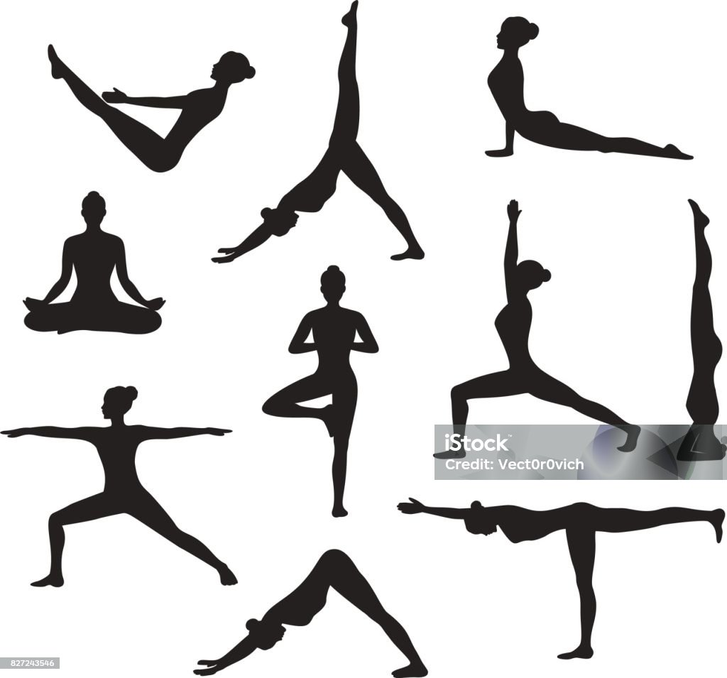 Yoga Workout. Silhouettes of a woman in Tree, Sirsasana, Boat, Warrior one, two, three, downwards and upwards facing dog, lotus, headstand poses Yoga stock vector