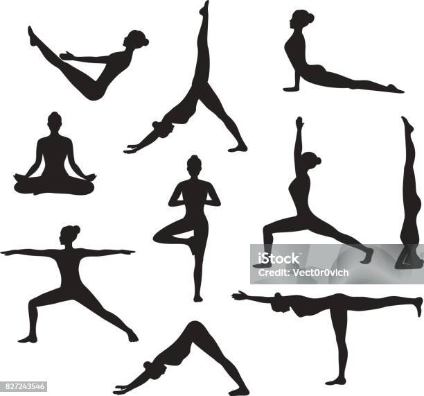 Yoga Workout Silhouettes Of A Woman In Tree Sirsasana Boat Warrior One Two Three Downwards And Upwards Facing Dog Lotus Headstand Poses Stock Illustration - Download Image Now