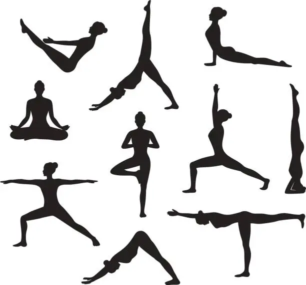 Vector illustration of Yoga Workout. Silhouettes of a woman in Tree, Sirsasana, Boat, Warrior one, two, three, downwards and upwards facing dog, lotus, headstand poses