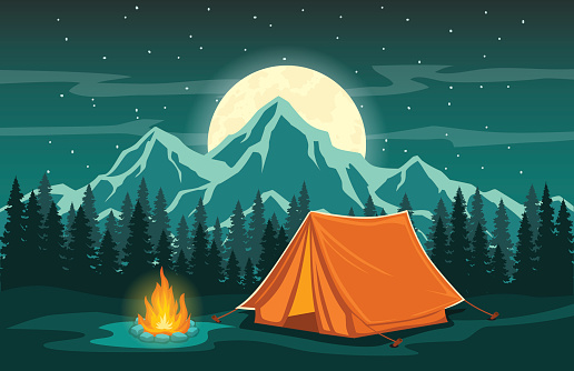 Adventure Camping Evening Scene.  Tent, Campfire, Pine forest and rocky mountains background, starry night sky with moonlight
