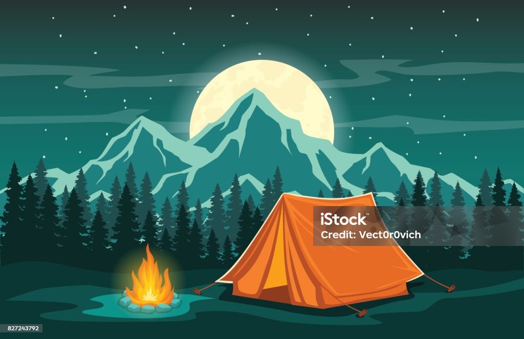 Adventure Camping night Scene Adventure Camping Evening Scene.  Tent, Campfire, Pine forest and rocky mountains background, starry night sky with moonlight Camping stock vector