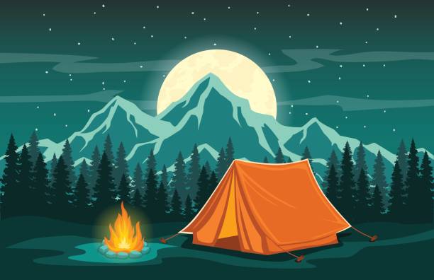 Adventure Camping night Scene Adventure Camping Evening Scene.  Tent, Campfire, Pine forest and rocky mountains background, starry night sky with moonlight camp fire stock illustrations