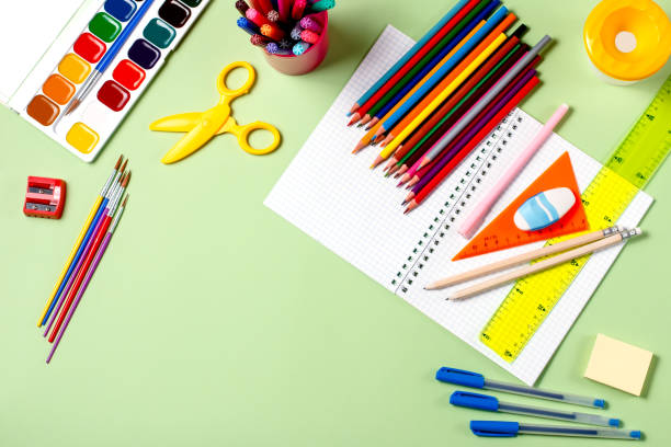 istock Back to school concept. School supplies on a pastel background 827246104