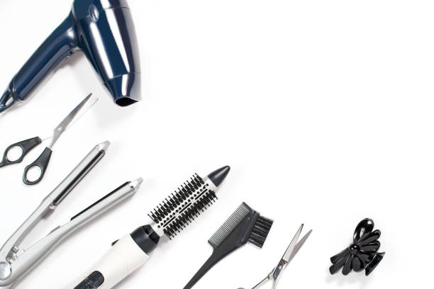 Various hair styling tools on white background Various hair styling tools on white background, top view, copy space curling tongs photos stock pictures, royalty-free photos & images