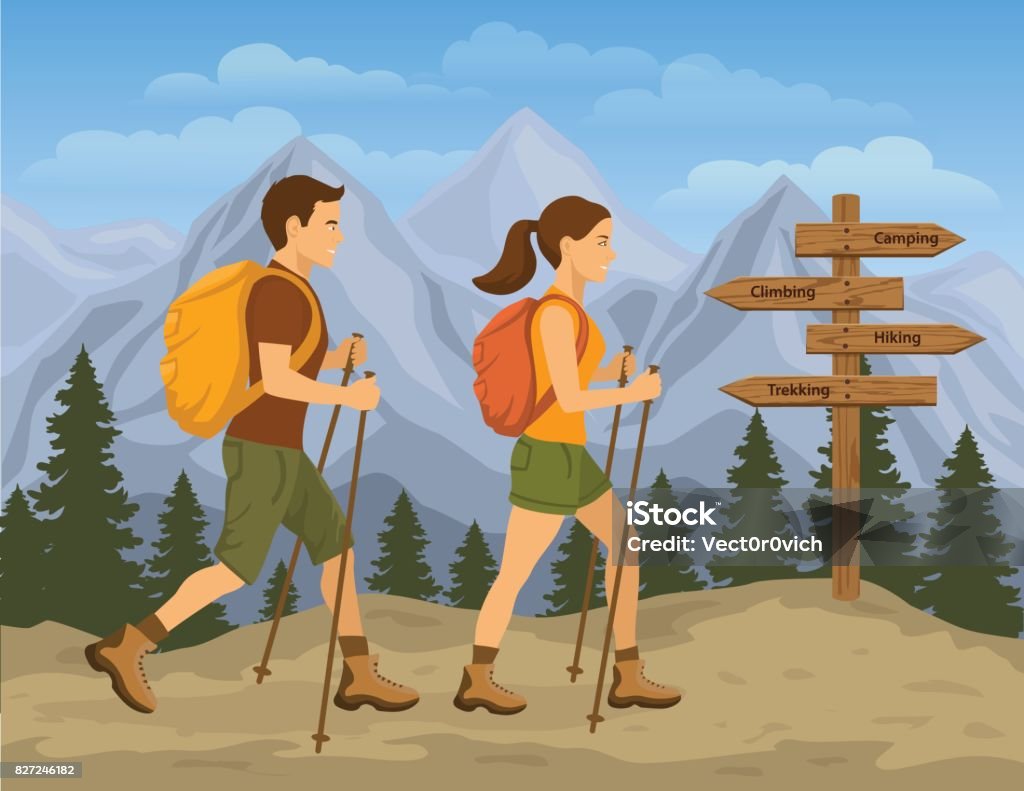Couple Traveling In Mountains Man And Woman Hiking Stock Illustration -  Download Image Now - iStock