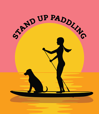 Stand up paddleboard at sunset vector illustration. woman and dog silhouette