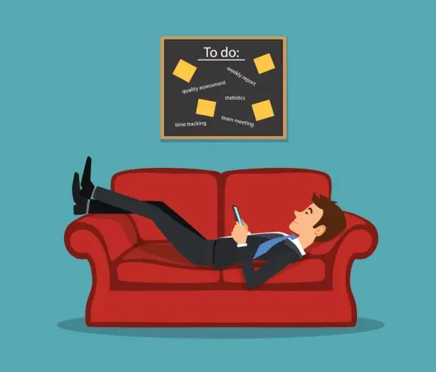 Vector illustration of Lazy bored employee laying on couch, playing with telephone postponing his tasks from to do list. procrastination vector illustration