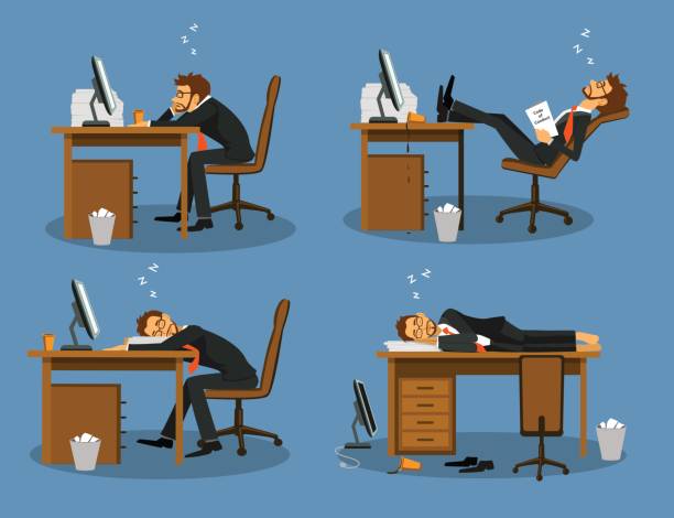 illustrazioni stock, clip art, cartoni animati e icone di tendenza di uomo d'affari annoiato stanco esausto dormire nella scena dell'ufficio set. vita da ufficio umoristica - waiting wasting time time business