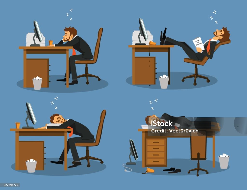 Businessman Bored Tired Exhausted Sleeping In The Office Scene Set Humor  Office Life Stock Illustration - Download Image Now - iStock