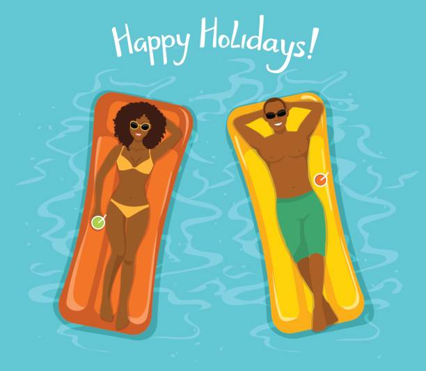 カップルの日光浴の平面図です。男と女の水泳プール、膨脹可能なマットレス。ビーチ時間ベクトル図 - beach men party bikini点のイラスト素材／クリップアート素材／マンガ素材／アイコン素材
