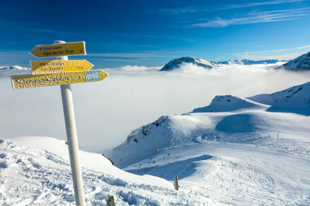 istock Road Sign on the Ski Piste in Austrian Alps 827252106