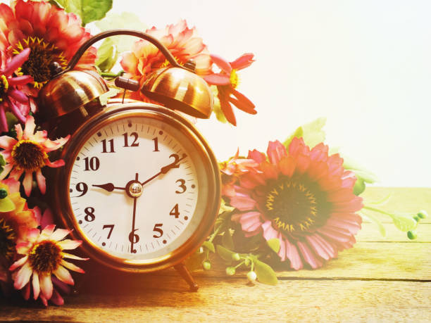 istock spring time with alarm clock and artificial flowers bouquet background 827252626