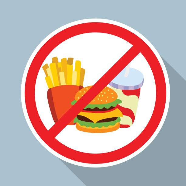 nie hamburger, frytki i napój bezalkoholowy dozwolone znak. - rozpocznijcie albo zatrzymują guzik stock illustrations